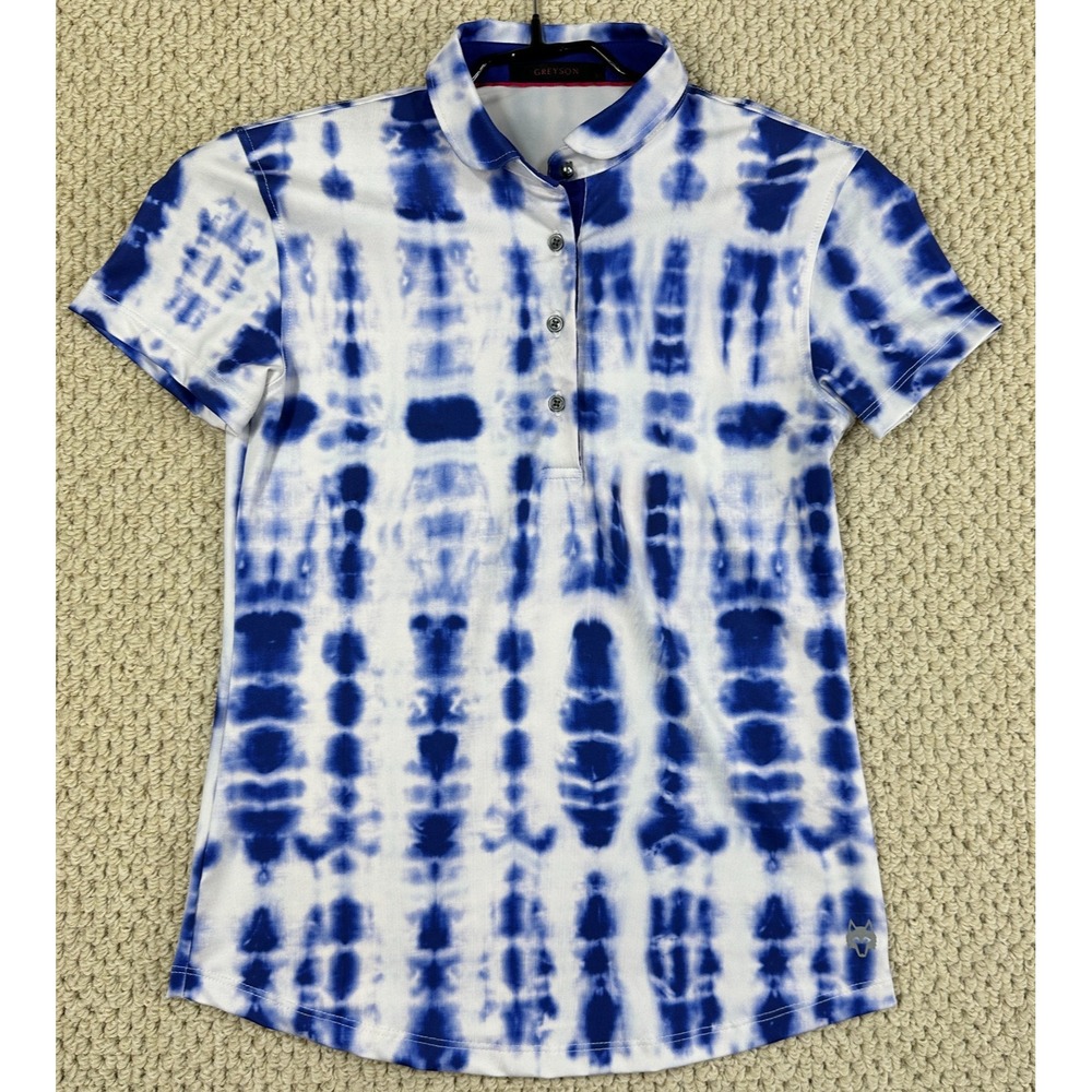 Greyson Polo Shirt Women XS Blue White Tie Dye Short Sleeve Performance Golf
